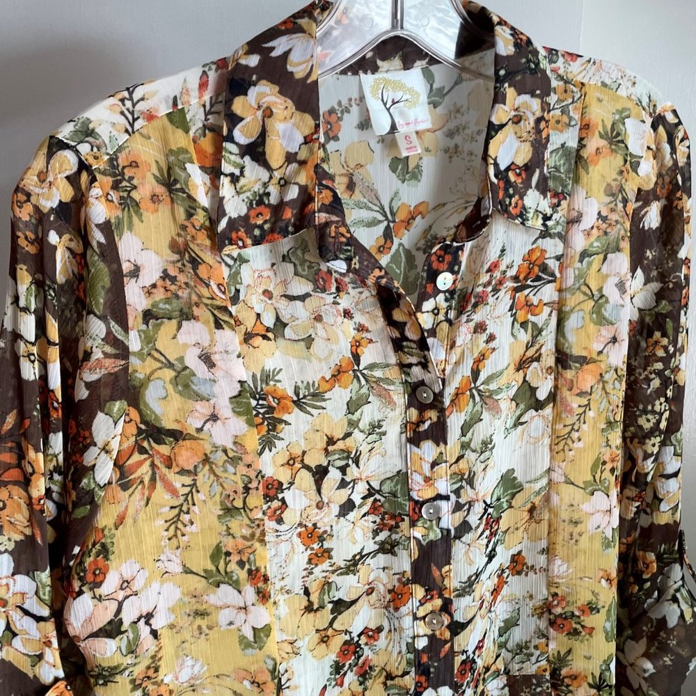Anthro Fig & Flower Fall Floral Tab Sleeve Button Down Tunic Blouse S Semi Sheer